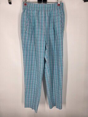 Napa Valley Vintage Seersucker Plaid Pants Size 8 Teal Pink Elastic Waist